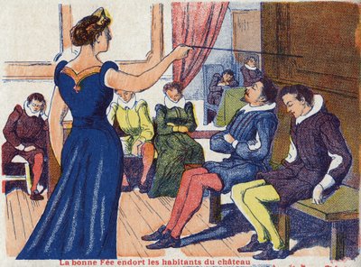 Die gute Fee lässt die Bewohner des Schlosses schlafen. Anonyme Illustration für „La belle au bois dormant“, Märchen von Charles Perrault (1628-1703), französischer Schriftsteller. Bildmaterial Marcel Vagne, Jarville Nancy, undatiert (spätes 19. Jahrhunder von Unknown artist