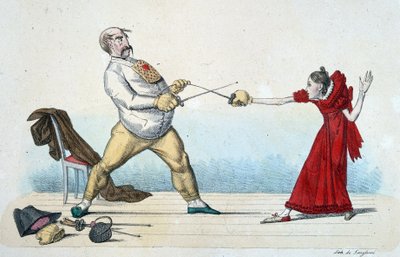 Die Fechtstunde: wie man die Größe junger Menschen aufrichtet und Unfälle verhindert - 19. Jahrhundert, Musée Carnavalet. von Unknown artist