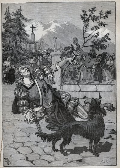 Die Linde von Freiburg: Ein Soldat der Helvetischen Konföderation kam nach Freiburg, um den Sieg der Schweiz gegen Karl den Kühnen in der Schlacht von Murten am 22. Juni 1476 mit einem Lindenast vom Schlachtfeld zu verkünden. Der Soldat starb. von Unknown artist