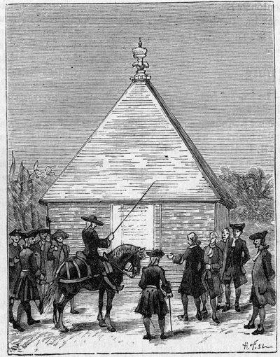 Die Messung des Äquatorgrads im 18. Jahrhundert: Pyramide von Carabourou, Peru, errichtet von La Condamine im Jahr 1736. Stich in „La Nature: revue des sciences et de leurs applications aux arts et a l