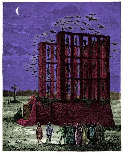 Der Montfaucon-Galgen in Paris war eine Masse aus Stein, gekrönt von sechzehn Säulen (Spitzname: Gabeln der großen Gerechtigkeit, nordöstlich von Paris gelegen), Gravur 19. Jahrhundert von Unknown artist