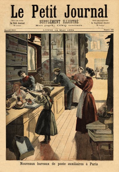 Die neuen Hilfspostämter in Paris, einige Verhandlungsführer eröffnen einen Postschalter, parallel zu ihren kommerziellen Aktivitäten. Gravur in „Le petit journal“ 14/05/1894. Selva Sammlung. von Unknown artist