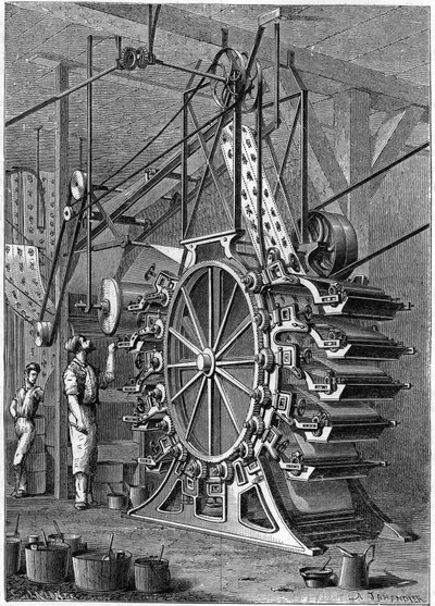 Die neue Tapetendruckmaschine. Gravur im illustrierten Journal „La Jeunesse“. von Unknown artist