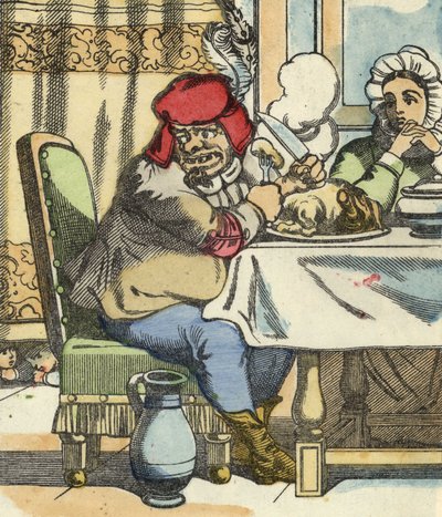Der Oger am Tisch spürt die Anwesenheit des kleinen Poulet und seiner Brüder. Illustration aus dem Märchen „Der kleine Däumling“ von Charles Perrault von Unknown artist