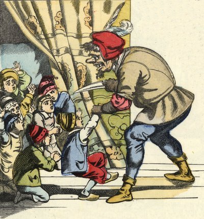 Der Oger nimmt ein Kind mit der Absicht, es zu verschlingen. Illustration des Märchens „Der kleine Däumling“ von Charles Perrault von Unknown artist