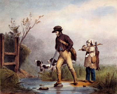 Der Durchgang hat Jäger, die einen Wasserlauf zu Fuß überqueren. Lithographie des 19. Jahrhunderts Gien, Jagdmuseum von Unknown artist