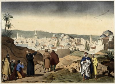 Die Pilger erreichen die Stadt Jerusalem. Anonyme Gravur aus der Mitte des 19. Jahrhunderts - in „Grand Catéchisme des Familles“. von Unknown artist
