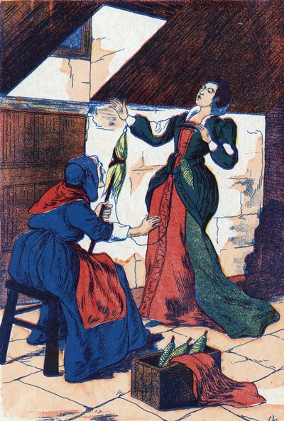 Die Prinzessin sticht sich in die Hand und schläft ein. Anonyme Illustration für „Dornröschen“, Märchen von Charles Perrault (1628-1703), französischer Schriftsteller. Bild von Marcel Vagne, Jarville Nancy, undatiert (spätes 19. Jahrhundert). von Unknown artist