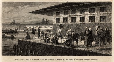 Der Kai und die Lagerhäuser der Reisläden in Taikoun (zeitgenössischer Herrscher von Japan), am Ogawa-Fluss (der Edo, das heutige Tokio, durchquert). Gravur zur Illustration der Reise nach Japan, von Aimé Humbert, Minister der Schweizerischen Eidgenossensc von Unknown artist
