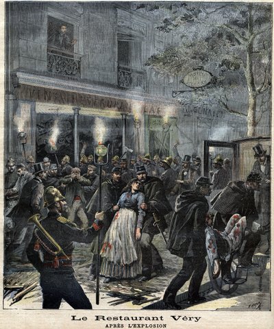 Das Restaurant Very (24 Boulevard Magenta in Paris) nach der Explosion durch den Anschlag des Anarchisten Francois Koenigstein alias Ravachol (1859 - 1892) am 30. März 1892. In „Le Petit Journal“ von Unknown artist