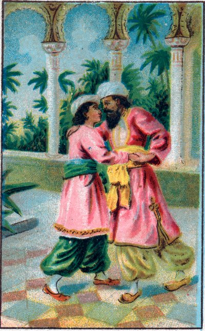 Die Rückkehr des Prinzen. Geschichte „Histoire du cheval enchanté“ in „Les mille et une nuits“ (die 1001 Nächte). Chromolithographie aus dem späten 19. Jahrhundert. von Unknown artist