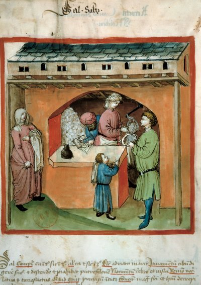 Der Salzverkäufer, Eluminure aus dem Handel mit Medizin und Diätetik „Tacuinum sanitatis“ von Unknown artist
