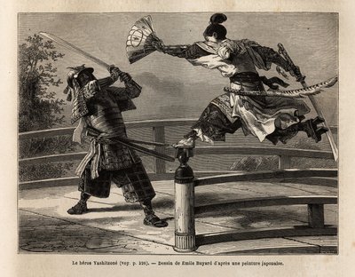 Der Samurai Yashitsune im Gleichgewicht auf der Barriere einer Brücke, greift einen Samurai in Rüstung an. Gravur zur Illustration der Reise nach Japan, 1863-1864, von Aime Humbert, Minister der Schweizerischen Eidgenossenschaft, in „Le tour du monde, nouv von Unknown artist