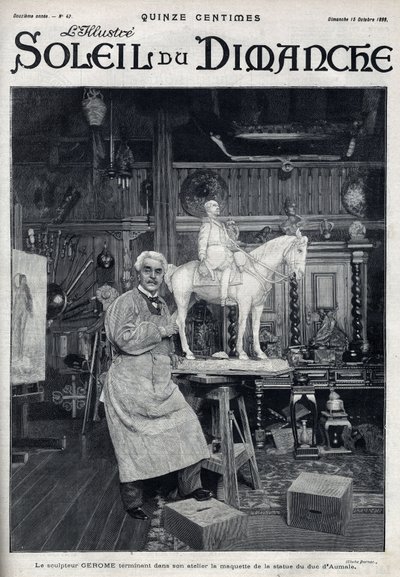 Der Bildhauer Jean Léon (Jean-Léon) Gérôme (1824-1904) vollendet in seinem Atelier das Modell der Statue des Herzogs von Aumale - Gravur in „Le sun-du-dimanche“, 15. Oktober von Unknown artist