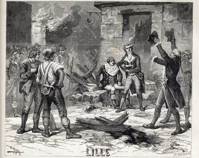 Die Rasierseife von Lille. Eine Episode aus der Belagerung von Lille im Jahr 1792 während der Französischen Revolutionskriege - Belagerung von Lille 1792: die Maes-Perücke verwendet eine Bombensplitter als Rasierseife. von Unknown artist
