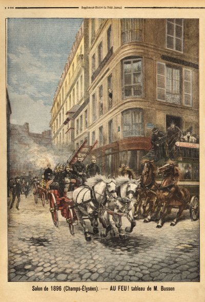 Die Dampfpumpe und Fahrzeuge der Feuerwehr in Paris, nach einem Gemälde von Herrn Busson. Gravur in „Le petit journal“ 3/05/1896. Sammlung Selva. von Unknown artist