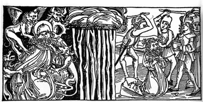 Die Versuchungen des heiligen Antonius des Großen (oder des heiligen Antonius des Einsiedlers oder des heiligen Antonius des Abtes), und rechts sein Martyrium nach. Stich aus „Leben der Heiligen - Sommerteil“ (Das Buch der Heiligen) von Jacobus (Jakob) von von Unknown artist