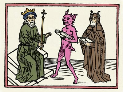 Der Prozess von Belial: „Dämon Belial stellt Richter Salomon seine Referenzen vor“ Gravur aus „Der Prozess von Belial“ von Jacobus de Teramo (oder Palladino), Augsburg von Unknown artist