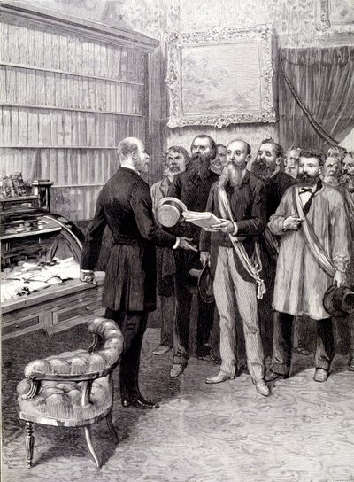 Der Besuch der Arbeiterdelegierten im Palais Bourbon (Jules Guesde, Herr Ferroul, Herr Baudin und Herr Thivrier) beim Generalsekretär der Präsidentschaft: Herr Martin, während der Demonstration am 1. Mai von Unknown artist