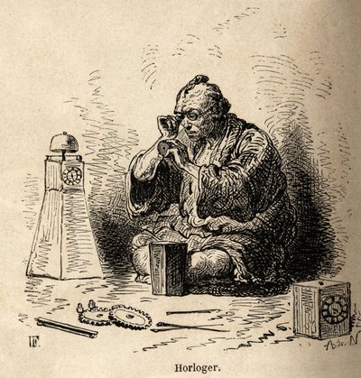 Der Uhrmacher und Sonnenuhrhersteller, in seiner Werkstatt, hockend vor einem kleinen Amboss, seine Werkzeuge um ihn herum verstreut. Gravur zur Illustration der Reise nach Japan, von Aime Humbert, Minister der Schweizerischen Eidgenossenschaft, 1863-1864, von Unknown artist