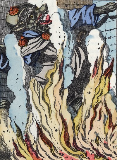 Der Wolf fällt ins Kaminfeuer. Illustration des Märchens „Compere le Loup, Maitre Renard, Comere la Chevre et ses petits biquets“ nach einer Fabel von Jean de La Fontaine. In „Märchen aus dem Heim für die Kleinen“. Anonyme Gravur des 19. Jahrhunderts von Unknown artist