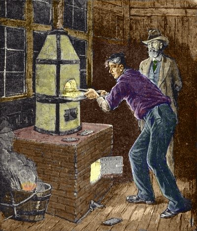 Thomas Edison experimentiert um 1879 mit Kohlenstoffpapier für die Glühlampe von Unknown artist