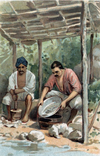Zinnwäscher in Malakka, Malaysia. Chromolithographie des späten 19. Jahrhunderts. von Unknown artist
