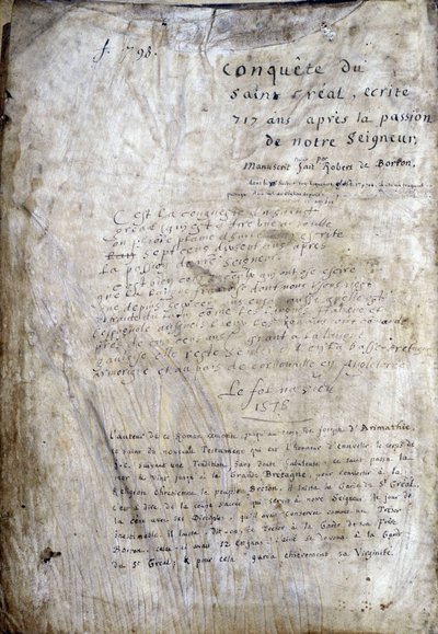 Titelblatt eines Manuskripts: Eroberung des Heiligen Grals, geschrieben 717 Jahre nach der Passion unseres Herrn. Bibliothèque municipale de Rennes, ms. 255 (Sammlung von Romanen der Tafelrunde) von Unknown artist