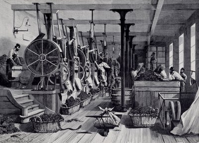 Tabakfabrik, Waschraum und Tabakverarbeitung. Gravur um 1867. Paris, Musée Carnavalet von Unknown artist