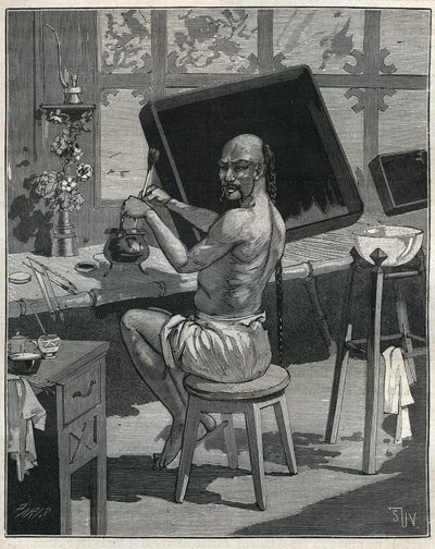 Tong-Öllack in China. Gravur von 1885 in „Les arts et métiers illustrés“ von Adolphe Bitard. von Unknown artist