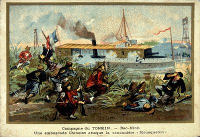 Tonkin-Kampagne: in Bac-Ninh greift ein chinesischer Hinterhalt das Kanonenboot „Carabiner“ an - Chromolithographie, Ende des 19. Jahrhunderts von Unknown artist