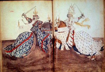 Turnier: Spiel des anklagenden Herrn und des verteidigenden Herrn (Herzog von Bretagne und Herzog von Bourbon gegenüber). Manuskript „Buch der Turniere“ von Rene d