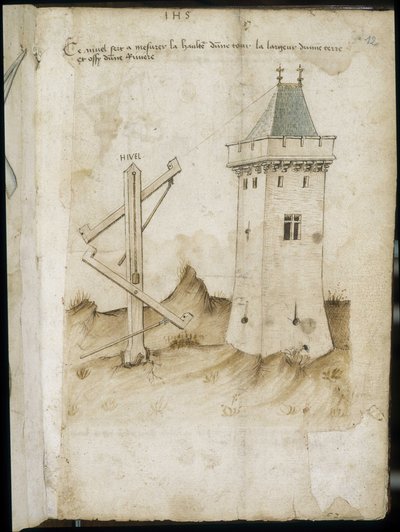 Turmmessgerät - Manuskript: Pergamentblatt aus einem Ingenieurshandbuch für den Bau ziviler, religiöser und militärischer Gebäude, anonym, spätes 15. Jahrhundert (Figur in chinesischer Tinte) von Unknown artist