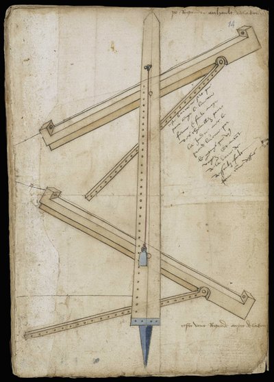 Turmmessmaschine - Manuskript: Pergamentblatt eines Ingenieurhandbuchs für den Bau ziviler, religiöser und militärischer Gebäude, anonym, späte 15. Jahrhundert (Figur in chinesischer Tinte) von Unknown artist