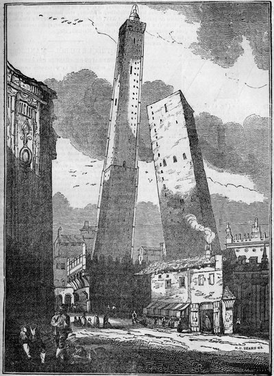 Türme von Bologna - der Asinelli-Turm und der kleinere Garisenda-Turm - Gravur 19. Jahrhundert von Unknown artist