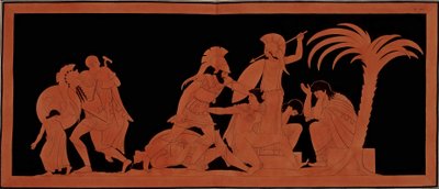 Trojanischer Krieg: Ilions letzte Nacht - linke Gruppe: Aeneas trägt seinen alten Vater Anchises in seinen Armen, der junge Ascanius geht vor seinem Vater - mittlere Gruppe: Kassandra zu Füßen einer Göttin kann die Kühnheit von Ajax, der Conoebus (ihren Ge von Unknown artist