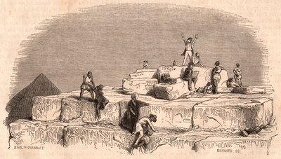 Ansicht vom Gipfel der Großen Pyramide von Khufu: eine Gruppe von Europäern erreicht den Gipfel mit Hilfe von Ägyptern von Unknown