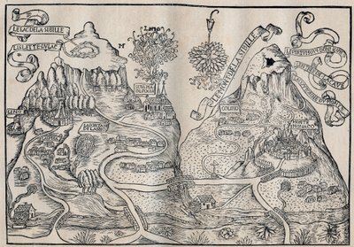 Ansicht des Mount Sibille (Paradies der Königin Sybille) (Doppelte Karte des Mount Pilatus und Mount Sibyl) - Antoine de La Sale (La Salle) französischer satirischer Schriftsteller des 15. Jahrhunderts von Unknown artist
