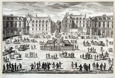 Ansicht des Place des Victoires in Paris mit der Statue von Ludwig XIV., errichtet von Marschall de la Feuillade im Jahr 1686. Gravur des 17. Jahrhunderts. Paris, Musée Carnavalet von Unknown artist