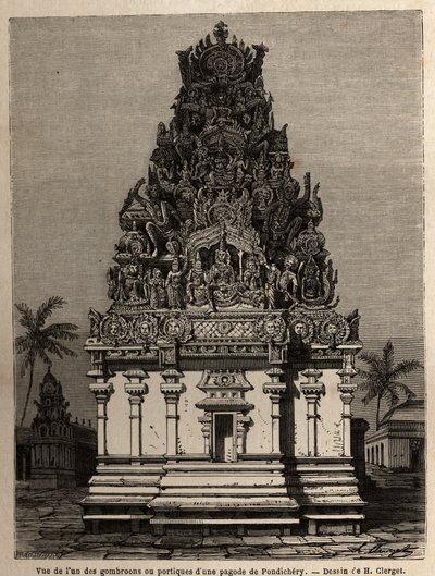 Ansicht eines der Gombroons oder Portiken einer Pagode in Pondichery (Indien). Illustration einer Expedition zur Pagode von Chillambaran (Coromandelküste), 1838-1844, von Konteradmiral Paris, Direktor des Depot des Karten von Unknown artist