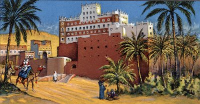 Ansicht des Schlosses von Sultan Al Kathiri, Seiyun, Hadramaout, Jemen, Chromolithographie der 1930er Jahre Private Sammlung von Unknown Artist