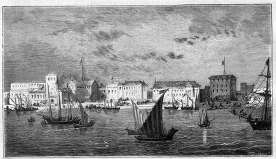 Ansicht der Stadt Sansibar in Afrika. Links das französische Konsulat. Rechts der Palast des Sultans und das Arsenal. Stich in „L
