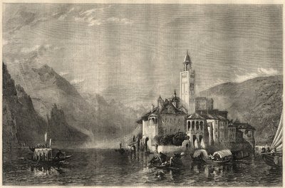 Ansicht des Klosters Mater Ecclesiae auf der Insel San Giulio am Ortasee in Italien. Gravur nach einem Gemälde von William Collingwood Smith (1815-1887). In „The Illustrated London News“ vom 22. März. von Unknown artist