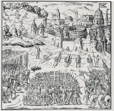 Religionskrieg: Die Stadt Nîmes belagert von der Armee des Königs (Heinrich III.) im Jahr 1576 - in „Sammlung von 39 Figuren, die die Katastrophen Frankreichs von 1562 bis 1586 darstellen“, Louis Perrin Druckerei von Unknown artist