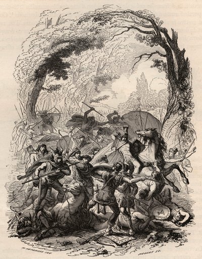 Gallischer Krieg: Schlacht von Aduatuca zwischen dem belgischen Volk der Eburonen und der römischen Armee. Niederlage von Quintus Titurius Sabinus und Lucius Aurunculeius Cotta im Jahr 54 v. Chr. Gravur von 1868 in „Histoire de Belgique von den frühesten Z von Unknown artist