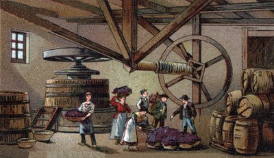 Weinproduktion: Weinpresse des Hospizes von Beaune (Clos Vougeot). Chromolithografie des späten 19. Jahrhunderts von Unknown artist