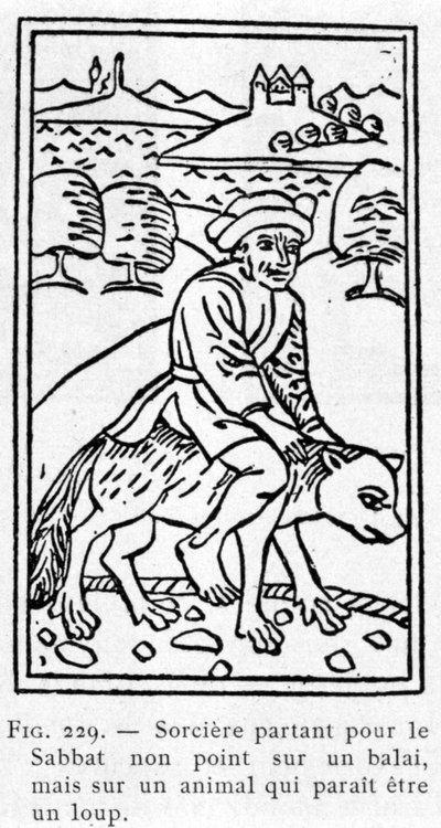 Hexe, die zum Sabbat aufbricht, nicht auf einem Besen, sondern auf einem Tier, das wie ein Wolf aussieht. von Unknown artist