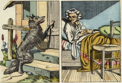 Der Wolf klopft an Großmutters Tür. Illustration des Märchens „Rotkäppchen“ von Charles Perrault von Unknown artist