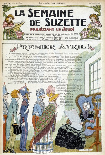 Junge Leute besuchen eine ältere Dame. Titelbild der Zeitung "La semaine de Suzette" vom März 1926 von Unknown Artist