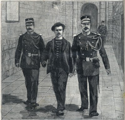 Der italienische Anarchist Luigi Luccheni (Lucheni), Mörder der Kaiserin Elisabeth von Österreich (Sissi), vor Gericht im Jahr 1898. von Unknown artist